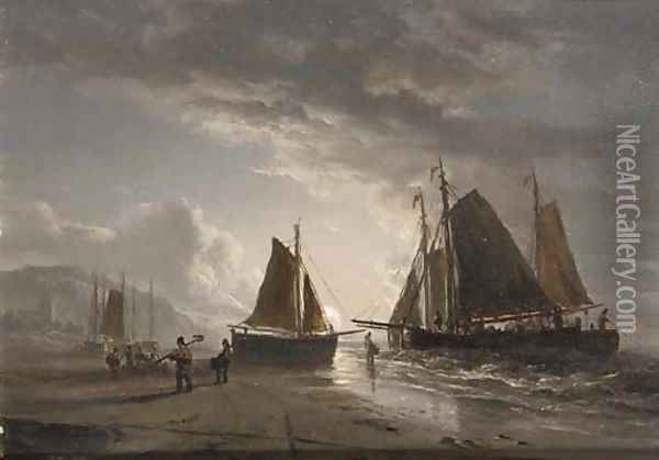 A moonlit beach with fishermen at work Oil Painting - Jacobus Theodorus Abels