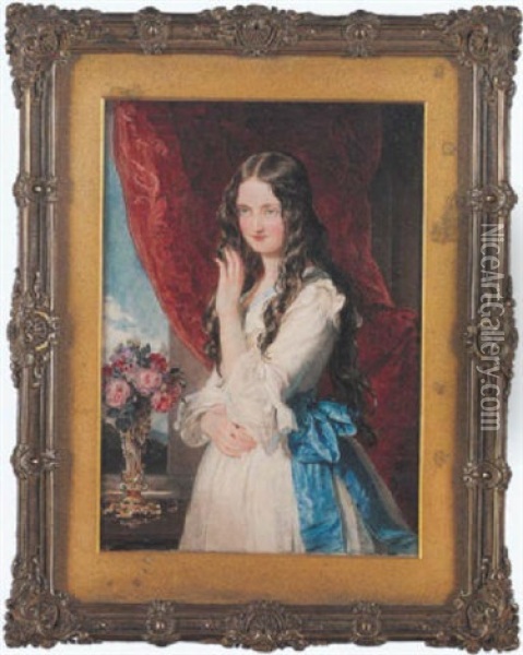Lady Augusta Margaret Fitzclarence Wearing White Dress With Blue Trim And Waistband Tied In A Bow, She Stands Beside A Table With A Vase Of Pink Roses Oil Painting - Sir William Charles Ross