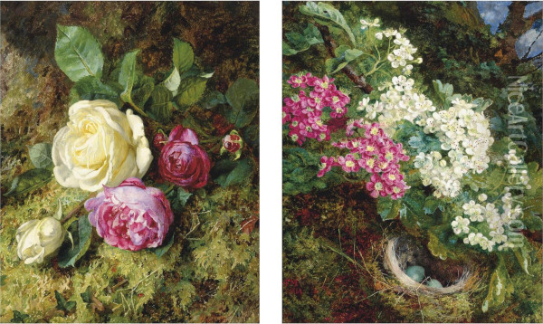 A Bird's Nest Under Apple Blossom; And Roses On A Mossy Bank Oil Painting - Annie Feray Mutrie
