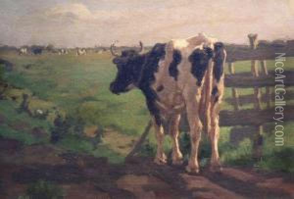 Cow Looking Out Over Pasture Oil Painting - Herman Wolbers