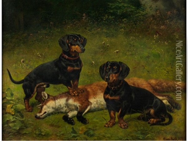 Zwei Dackel Mit Erlegtem Fuchs Oil Painting - Caspar Von Reth