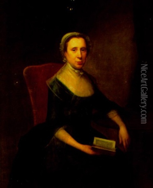 Portrait Of A Lady Seated, Wearing A Green Dress And Holding A Book In Her Right Hand Oil Painting - Dominicus Van der Smissen