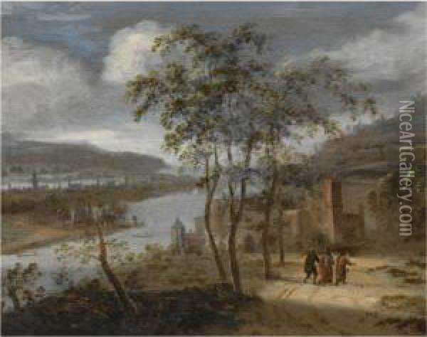 A River Landscape With The Road To Emmaus Oil Painting - Dionys Verburgh