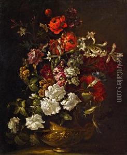 Blumenstrauss In Einer Verzierten Metallvase Oil Painting - Andrea Scaccati