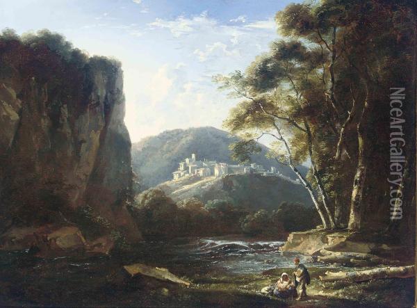 A Wooded River Landscape With Figures Resting On A Path, A Citybeyond Oil Painting - Thomas Barker of Bath