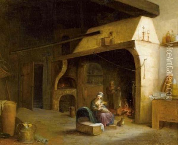 Interieur Mit Mutter Und Kind. 1825. Oil Painting - Laurent Dabos