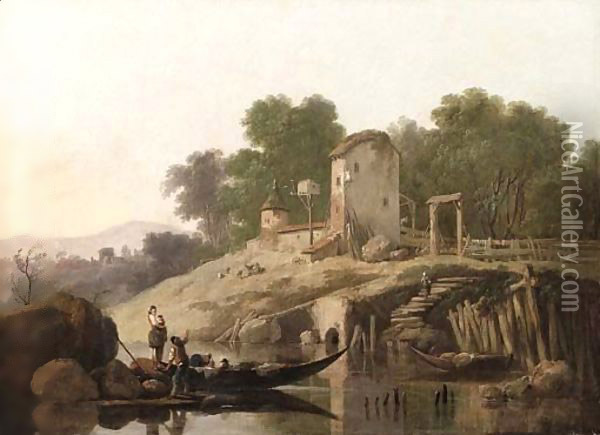 An Italianate river landscape with gondolas, a farmhouse beyond Oil Painting - Jean-Baptiste Pillement