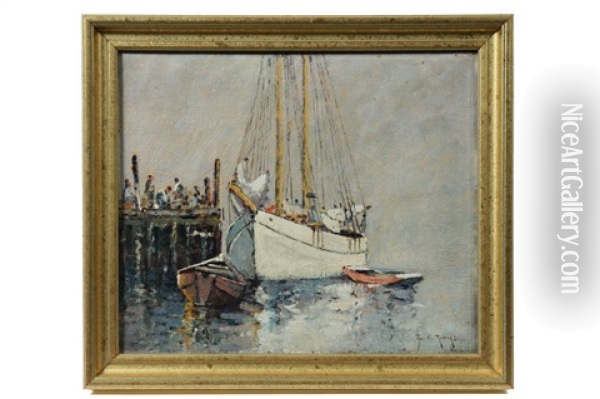 Schooner And Dories At Pier Oil Painting - Edward A. Page