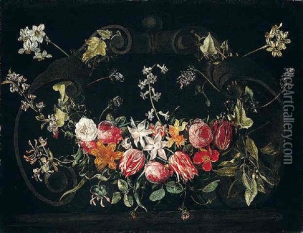 A Garland Of Flowers Including Roses, Tulips, Narcissi, Honeysuckle And Ivy Adorning A Stone Cartouche Oil Painting - Christiaan Luycks