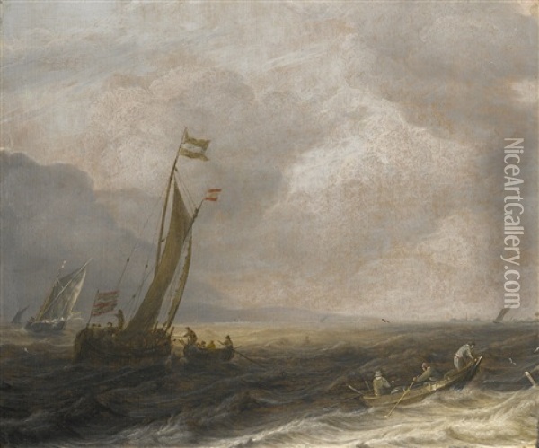 A Kaag On A Choppy Sea, A Rowing Boat In The Foreground Oil Painting - Pieter Mulier the Elder