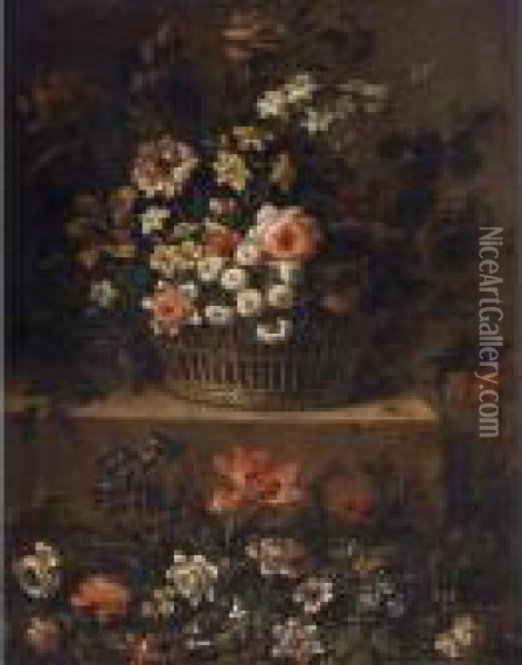 Roses, Daffodils, Tulips And 
Other Flowers In A Basket On A Stone Ledge, Together With Tulips, 
Anemones, Hyacinths And Other Flowers Below Oil Painting - Jean-Baptiste Monnoyer