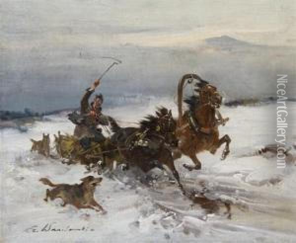 Racing Against The Wolves Oil Painting - Ignacy (Czeslaw Wasilewski) Zygmuntowicz