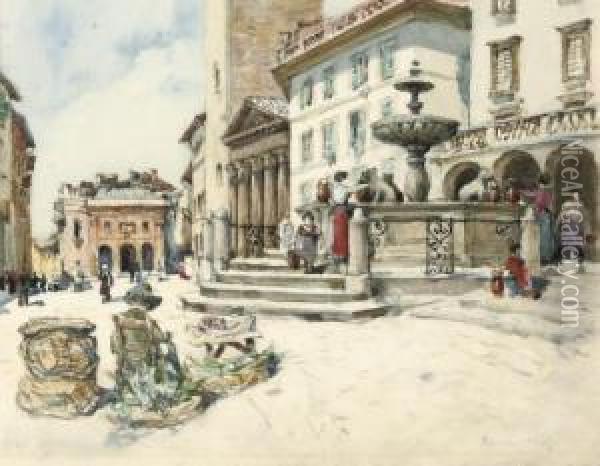 On The Piazza Della Minerva, Assisi Oil Painting - Robert Charles, Goff Col.