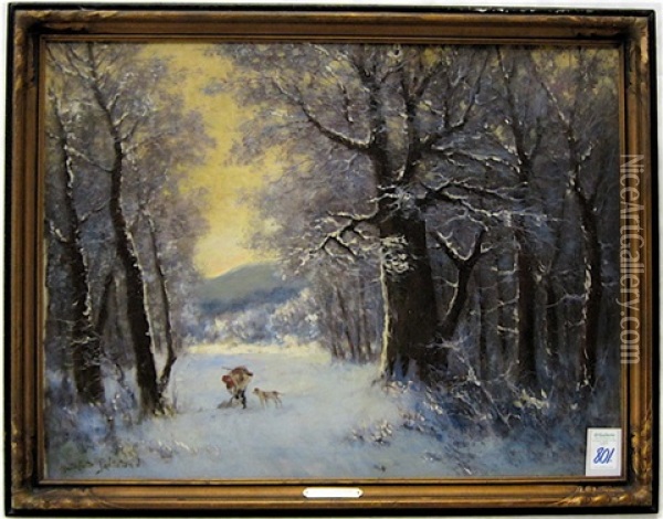Winter Landscape With Hunter, Dog And Game Oil Painting - Alfred Jansson