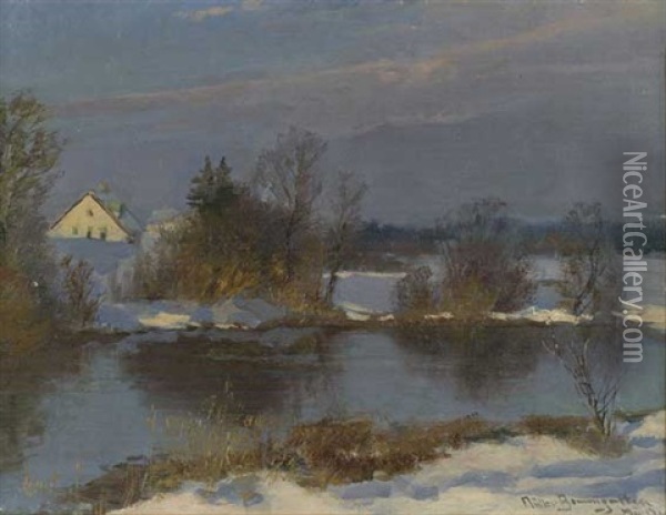 Winterlicher Flusslauf In Spater Sonnenstimmung Oil Painting - Carl Mueller-Baumgarten