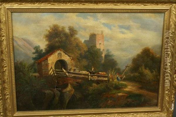 Entering The Village, Across An Old Bridge Oil Painting - James Duffield Harding