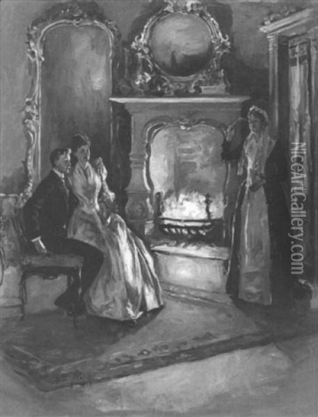 Couple Seated In Front Of Fireplace Interrupted By Older Woman Oil Painting - Albert Beck Wenzell