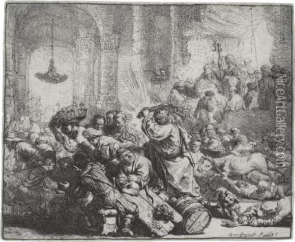 Christ Driving The Money Changers From The Temple (b., Holl. 69; H. 126; Bb. 35-b) Oil Painting - Rembrandt Van Rijn