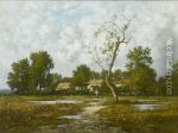Figure In A Country Landscape Oil Painting - Leon Richet