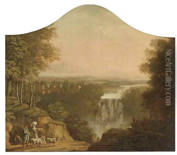 An extensive river landscape with a shepherd and his flock by a waterfall Oil Painting - Claude Lorrain (Gellee)