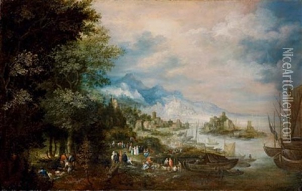 A Coastal Landsape, With Hunters In The Foreground And A Town Beyond Oil Painting - Johannes Jakob Hartmann