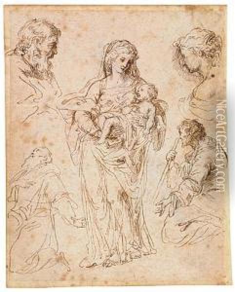 Virgin And Child And Four Figure Studies Oil Painting - Giacinto Calandrucci