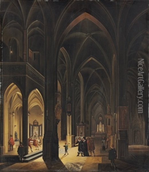 The Interior Of A Gothic Cathedral By Torch And Candlelight Oil Painting - Johann Ludwig Ernst Morgenstern