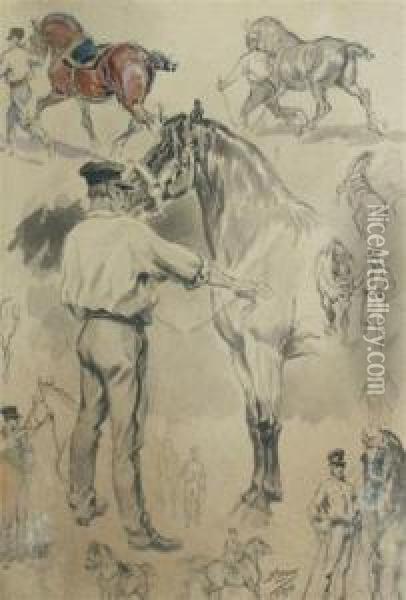 Horse And Trainerstudies Oil Painting - Ferdinand Oger