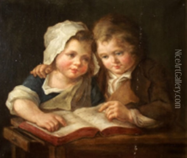 Deux Enfants A La Lecture Oil Painting - Gabriel (Gaspard) Gresly