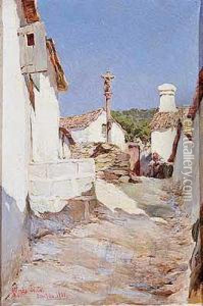 Vista De Una Calle Del Pueblo De Estribala Oil Painting - Alfredo Souto Cuero