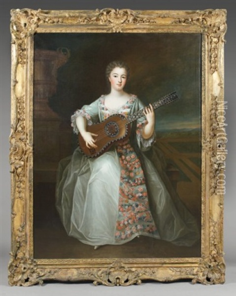 Portrait Pincant De La Guitare (mademoiselle De Charolaix?) Oil Painting - Pierre Gobert