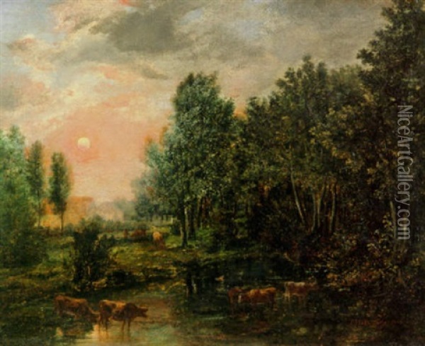A Woodland Pond At Sunset Oil Painting - Theodore Rousseau