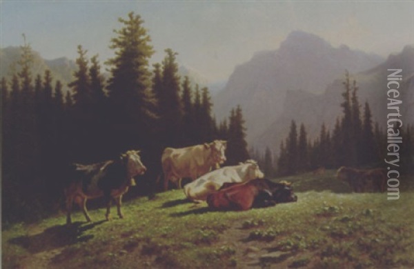 Kuhe Auf Der Alm Oil Painting - Charles (Jean-Ch. Ferdinand) Humbert