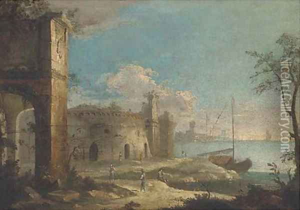 A capriccio coastal landscape with ruins and figures Oil Painting - Michele Marieschi