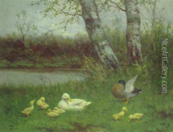 Entenfamilie Am Wasser Oil Painting - David Adolf Constant Artz