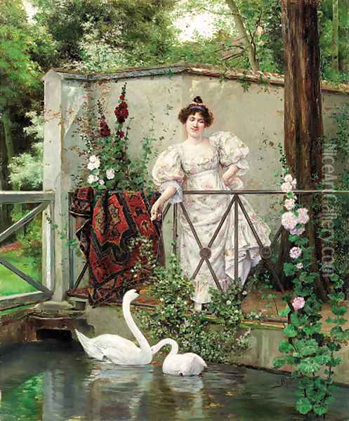 Feeding the swans Oil Painting - Clement Pujol de Guastavino