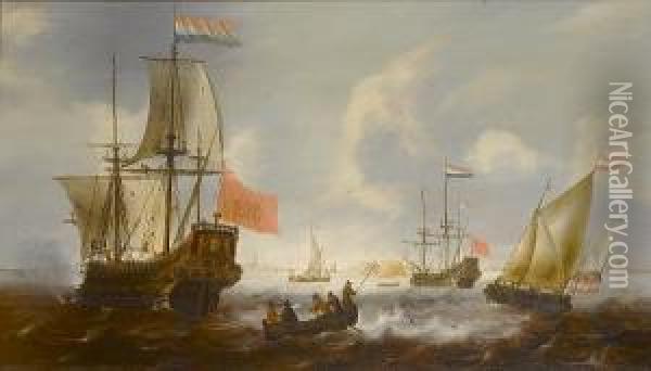 Dutch Frigates And Fishing Boats Off The Coast Of Vlissingen Oil Painting - Jacob Adriaensz. Bellevois