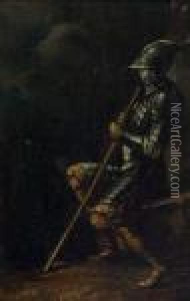 A Soldier In Armor, Holding A Staff And Seated On A Rock In Agrotto Oil Painting - Salvator Rosa