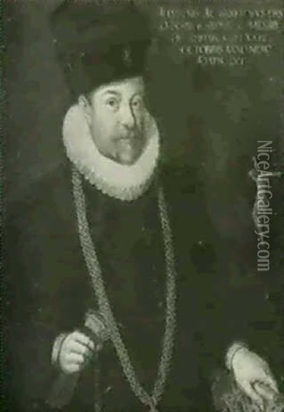 Portrait Of Count Svickardus Von Helfenstein (1538-1699),   Half Length, In A Black Tunic And Cap, Holding A Pair Of... Oil Painting - Hans Von Aachen