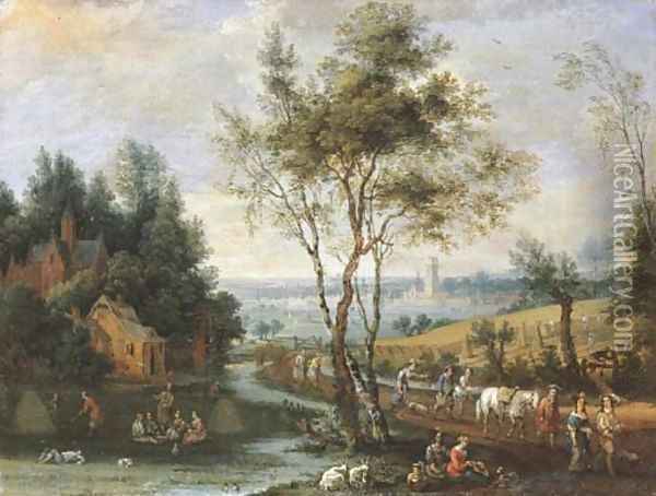 Summer a pastoral landscape with peasants at harvest and returning from market, a city in the distance Oil Painting - Pieter Gysels