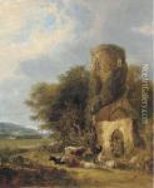 Figures And Livestock By The Ruins Of St. Andrew's Atwhitlingham Oil Painting - George Vincent