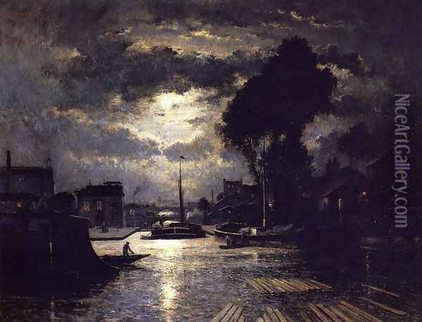Canal in Saint-Denis - Effect of Moonlight Oil Painting - Stanislas Lepine