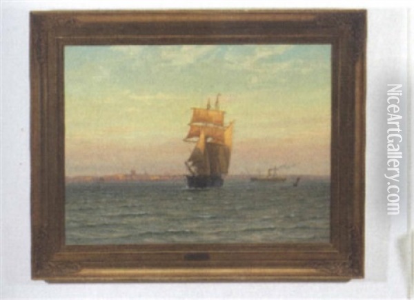 Marine Med Sejlskib Og Damper Udfor Oplyst By, Halsingborg Oil Painting - Vilhelm Karl Ferdinand Arnesen