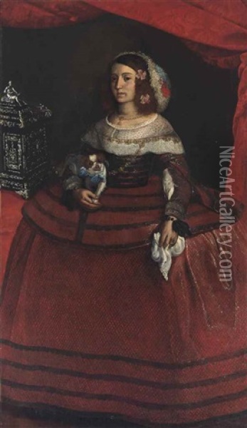 Portrait Of A Lady, Standing Full-length, In A Red And Black Dress With A White Collar, Holding A Kerchief And Spaniel, At A Draped Table With A Casket Oil Painting - Pier Francesco Cittadini