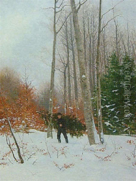 A Huntsman In A Snowy Landscape Oil Painting - Carl Ove Julian Lund