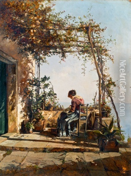 Naherin Auf Terrasse Oil Painting - Leontine (Lea) von Littrow