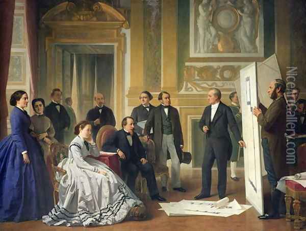 Louis Visconti 1791-1853 Presenting the New Plans for the Louvre to Napoleon III 1808-73 1853 Oil Painting - Jean Baptiste Ange Tissier