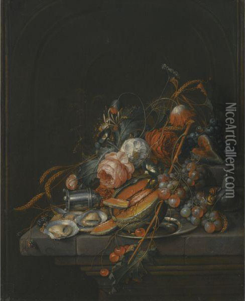 A Still Life Of Oysters, Grapes, Cherries, Roses, Corn, Snails, Amelon And A Silver Sugar Shaker On A Stone Plinth Oil Painting - David Cornelisz. de Heem