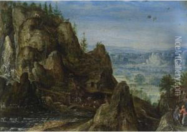 A Rocky Landscape With Travellers On A Path And A Water Mill Beyond Oil Painting - Lucas van Valckenborch