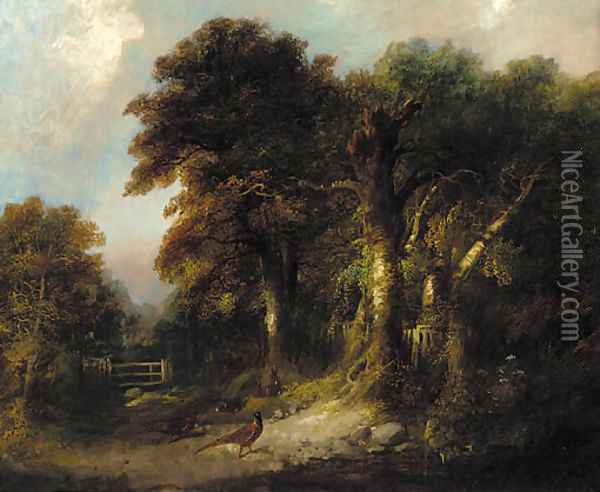 Pheasants and rabbits on a wooded track Oil Painting - George Armfield